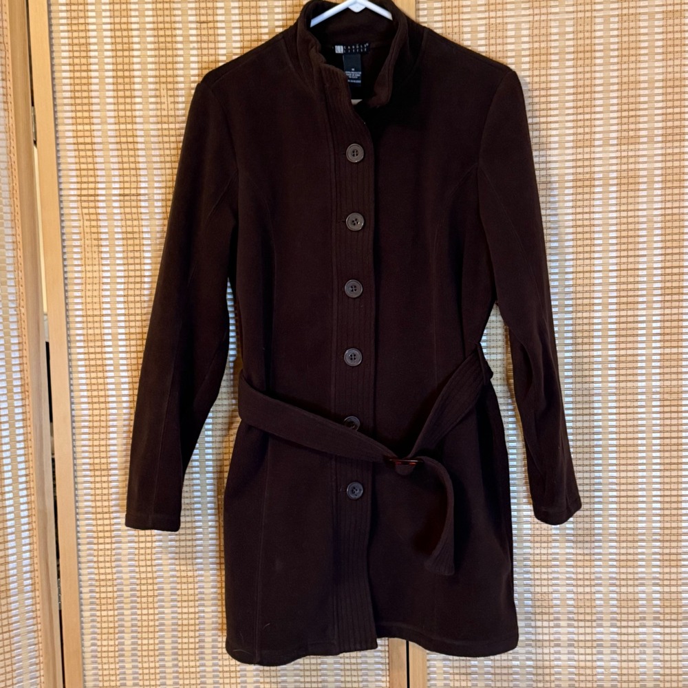 Carole Little Womens Brown Fleece Button Front Belted‎ Jacket Coat Size M Preppy